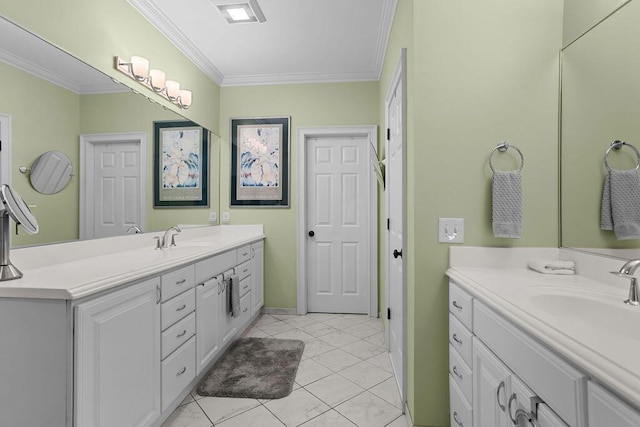 full bathroom featuring tile patterned flooring, crown molding, two vanities, and a sink