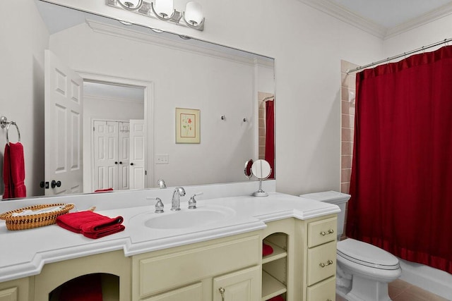 full bath with vanity, a shower with shower curtain, toilet, and ornamental molding