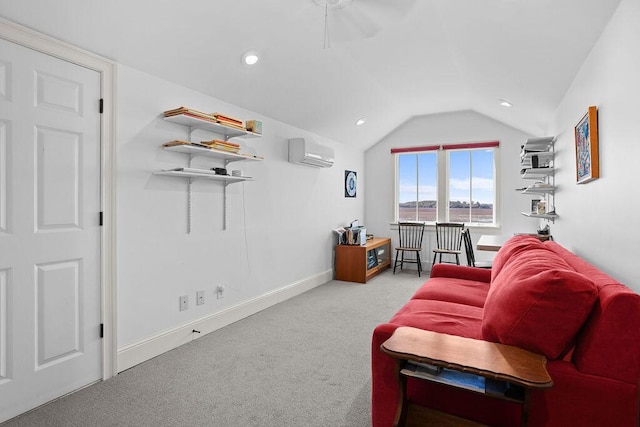 living room featuring baseboards, a wall unit AC, carpet floors, vaulted ceiling, and recessed lighting