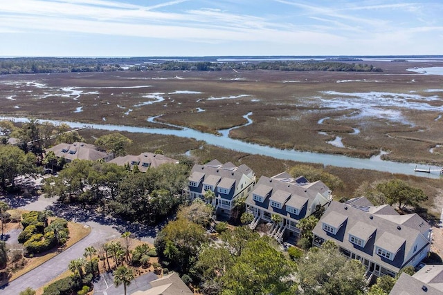 aerial view featuring a residential view and a water view