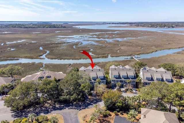 drone / aerial view with a water view