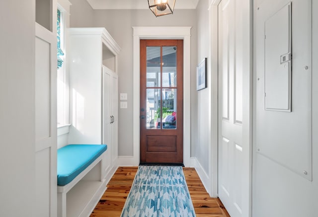 interior space featuring electric panel, light wood-style flooring, and baseboards