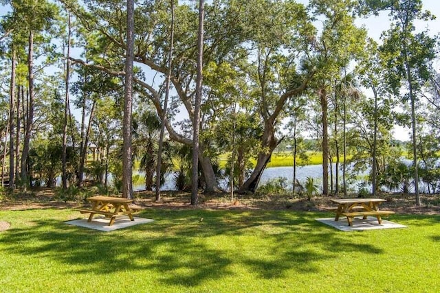 view of home's community with a water view and a lawn