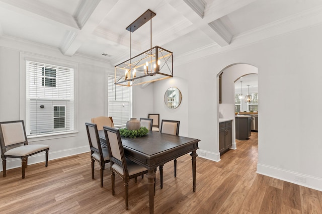 dining space featuring coffered ceiling, beamed ceiling, and light wood-type flooring