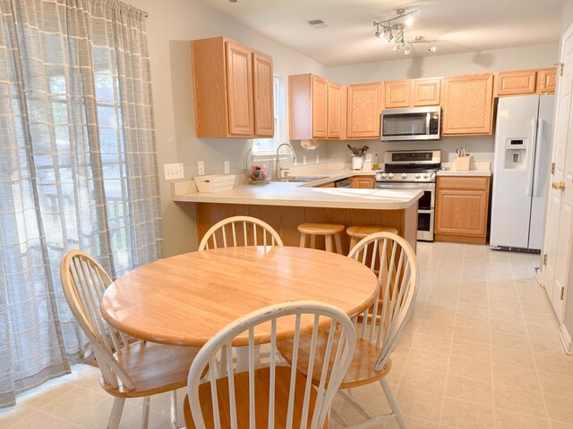 9229 N Moreto Cir, Summerville, SC 29485 - kitchen featuring appliances with stainless steel finishes, a sink, light countertops, light brown cabinets, and a peninsula
