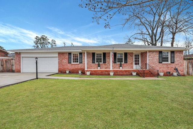 single story home with brick siding, a garage, concrete driveway, and a front yard