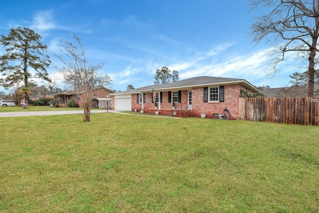 ranch-style house with a front yard, fence, concrete driveway, a garage, and brick siding