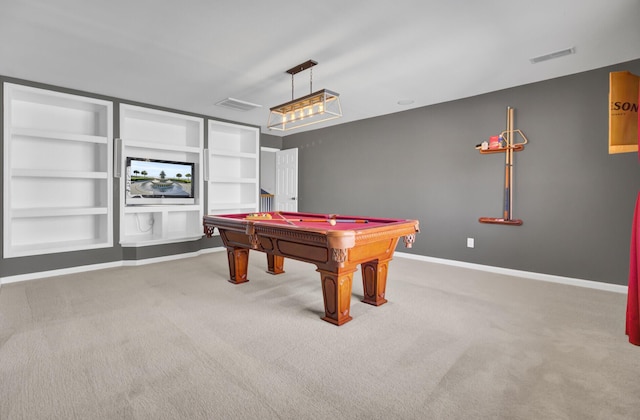 rec room featuring built in features, carpet floors, and pool table