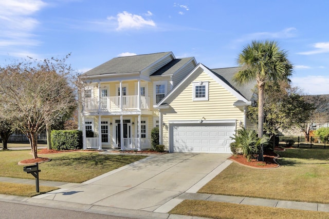 view of front facade with a front yard, a balcony, a porch, and a garage