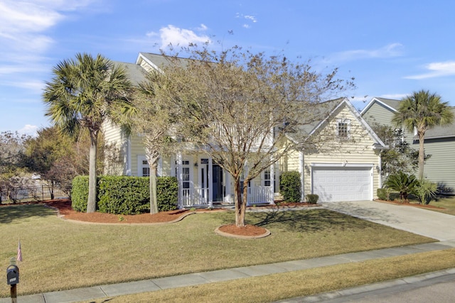 view of front facade with covered porch, a garage, and a front yard