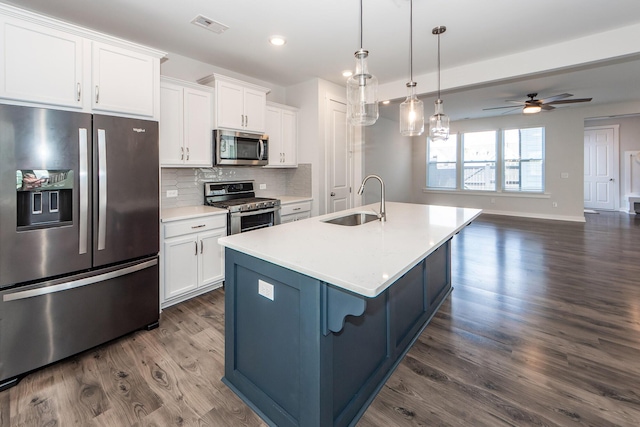 kitchen featuring white cabinets, stainless steel appliances, a sink, dark wood finished floors, and visible vents