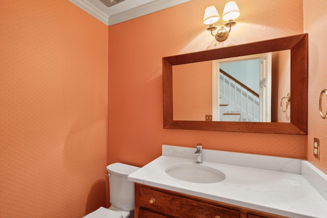 712 Wakendaw Blvd, Mount Pleasant, SC 29464 - half bathroom with vanity, ornamental molding, and wallpapered walls