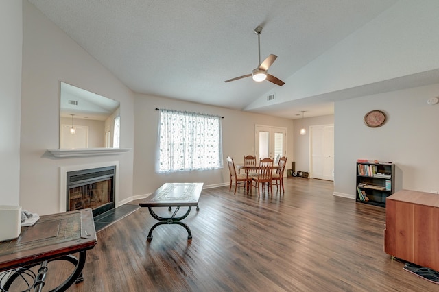 7955 Timbercreek Ln Unit 1807, North Charleston, SC 29418 - living room with a ceiling fan, plenty of natural light, a fireplace with raised hearth, wood finished floors, and high vaulted ceiling