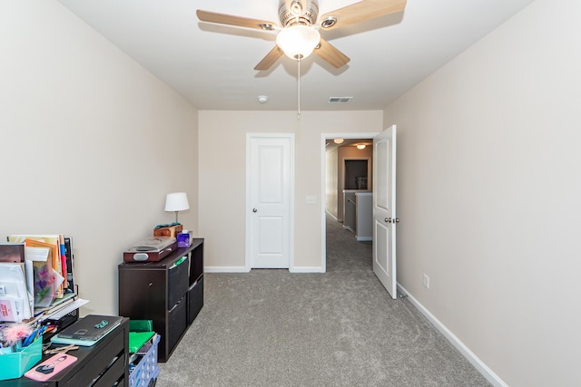 bedroom featuring a ceiling fan, carpet, visible vents, and baseboards