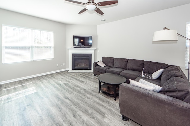 living area featuring visible vents, light wood-style flooring, a fireplace with flush hearth, a ceiling fan, and baseboards