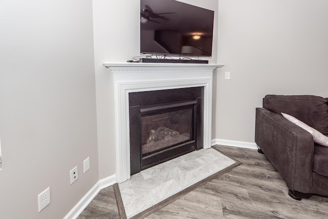 interior details featuring a fireplace with flush hearth, baseboards, and wood finished floors