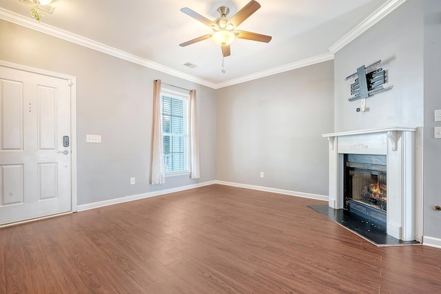 unfurnished living room with dark hardwood / wood-style floors, ceiling fan, and ornamental molding