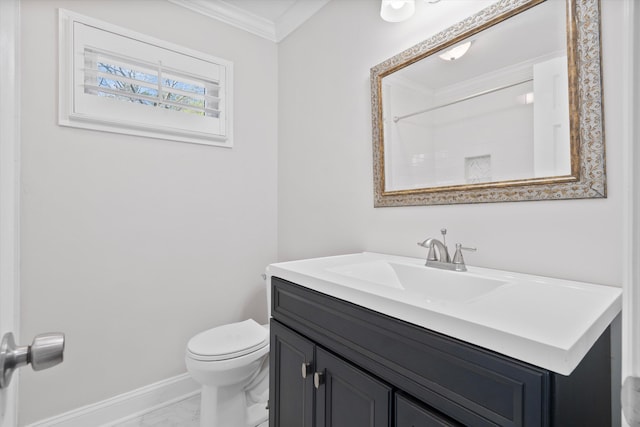 full bathroom with crown molding, baseboards, toilet, marble finish floor, and vanity