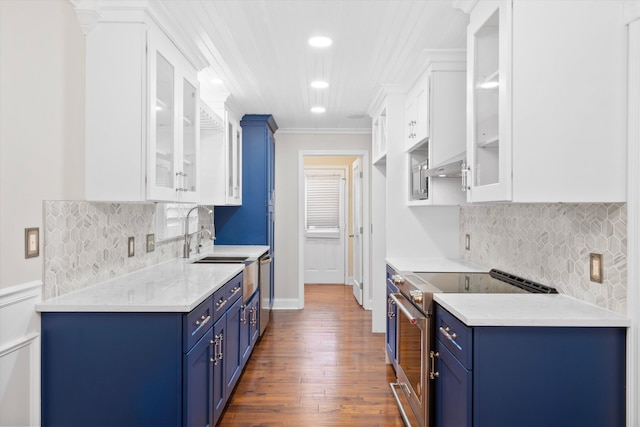 kitchen featuring blue cabinetry, under cabinet range hood, stainless steel stove, white cabinets, and a sink