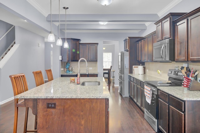 kitchen featuring crown molding, beamed ceiling, dark wood-style floors, stainless steel appliances, and a sink