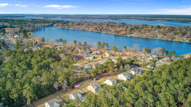 birds eye view of property with a forest view and a water view