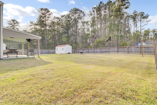 view of yard featuring an outbuilding, a fenced backyard, a shed, and a patio