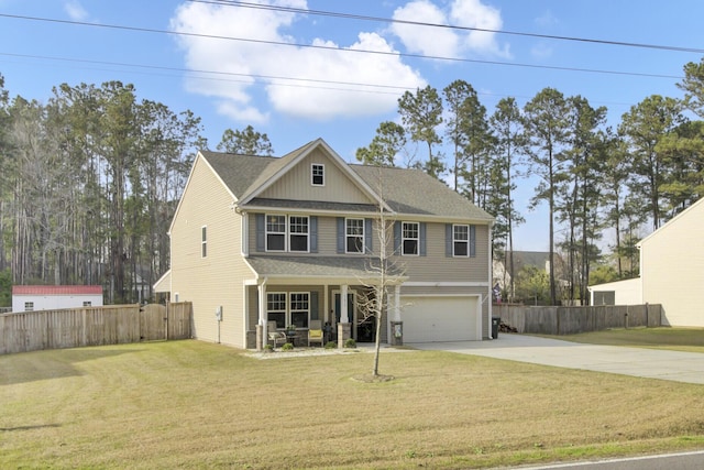 view of front of home featuring a front lawn, fence, a porch, concrete driveway, and a garage