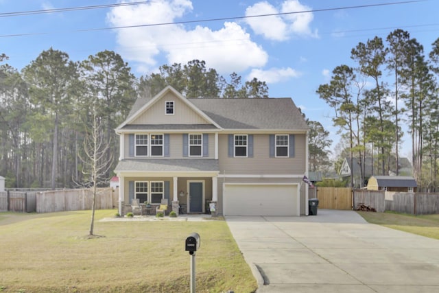 view of front of home featuring fence, a porch, concrete driveway, a front lawn, and a garage