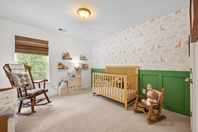 435 Foxbank Plantation Blvd, Moncks Corner, SC 29461 - carpeted bedroom featuring visible vents, baseboards, a nursery area, and wallpapered walls