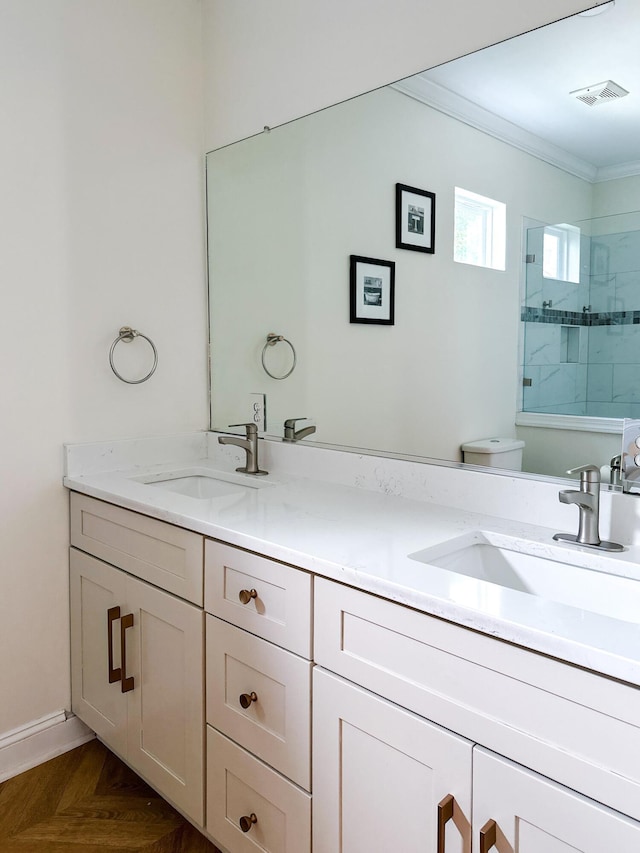 10 Riker St, Charleston, SC 29403 - bathroom with double vanity, tiled shower, and ornamental molding