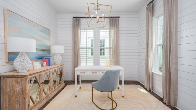 304 Archar St, Summerville, SC 29486 - office space with a chandelier, wood finished floors, wood walls, and ornamental molding
