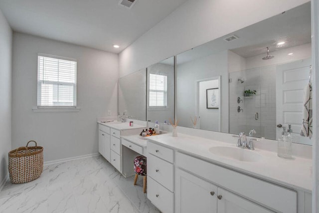 304 Archar St, Summerville, SC 29486 - full bath with vanity, a stall shower, healthy amount of natural light, marble look tile flooring, and recessed lighting