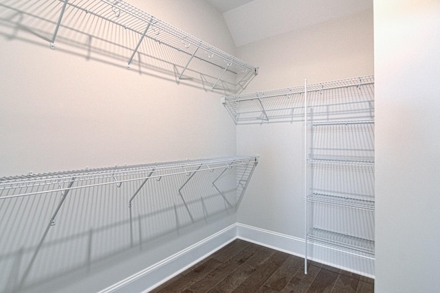 spacious closet with dark hardwood / wood-style flooring and vaulted ceiling