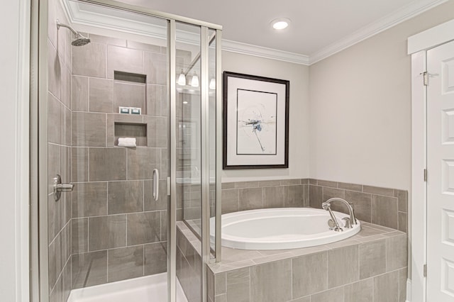 bathroom with plus walk in shower and ornamental molding