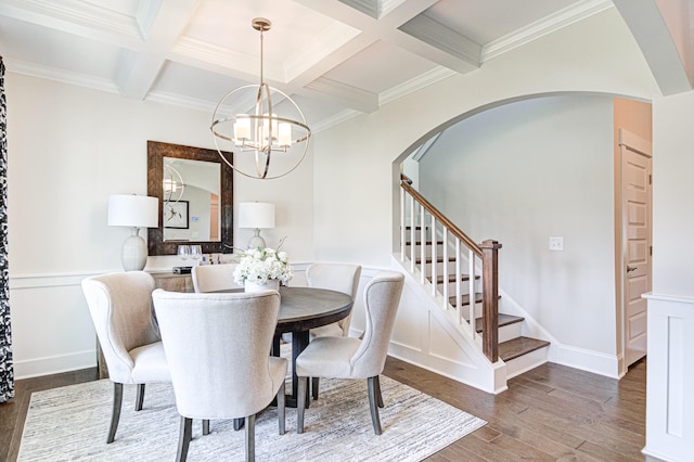 dining space with dark wood-type flooring, coffered ceiling, ornamental molding, beamed ceiling, and a notable chandelier