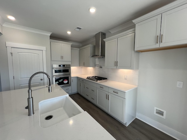 kitchen with sink, wall chimney exhaust hood, dark wood-type flooring, decorative backsplash, and appliances with stainless steel finishes