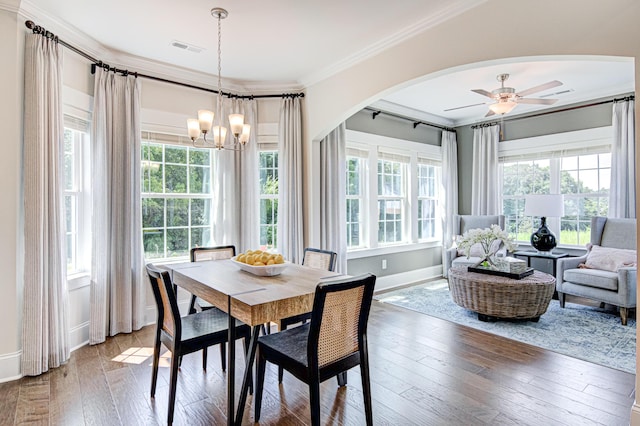 dining room featuring ceiling fan with notable chandelier, hardwood / wood-style flooring, and ornamental molding