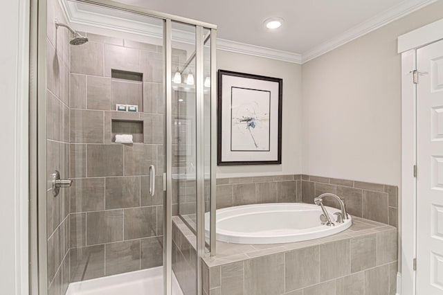 bathroom with shower with separate bathtub and crown molding