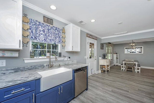 kitchen featuring visible vents, a sink, white cabinets, stainless steel dishwasher, and crown molding