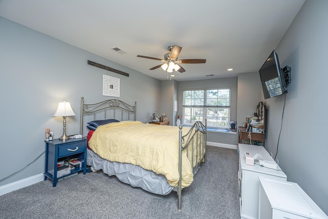 carpeted bedroom featuring recessed lighting, visible vents, baseboards, and ceiling fan