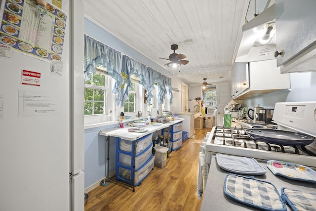 145 Ravenell Dr, Saint Stephen, SC 29479 - kitchen featuring white appliances, plenty of natural light, a ceiling fan, wooden ceiling, and light wood finished floors