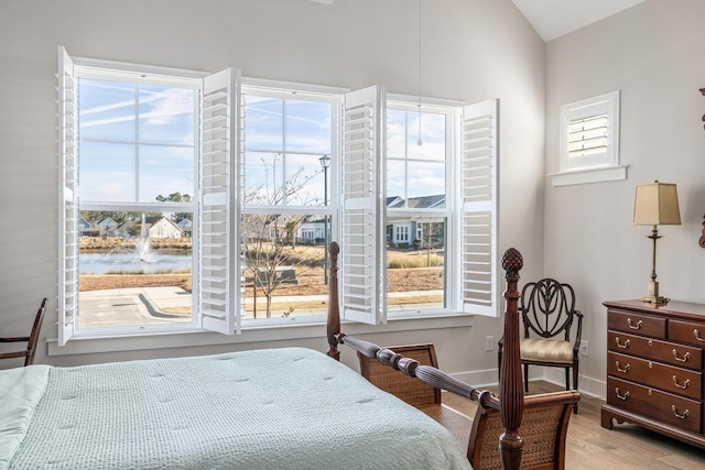 bedroom with light hardwood / wood-style floors, a water view, and multiple windows