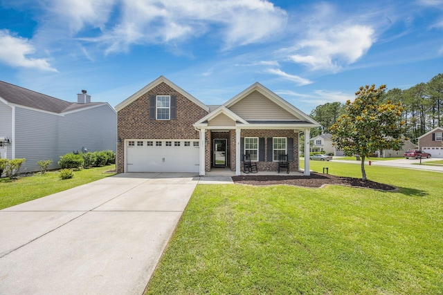 201 Maywood Dr, Moncks Corner, SC 29461 - view of front of house featuring brick siding, a porch, concrete driveway, a front yard, and an attached garage