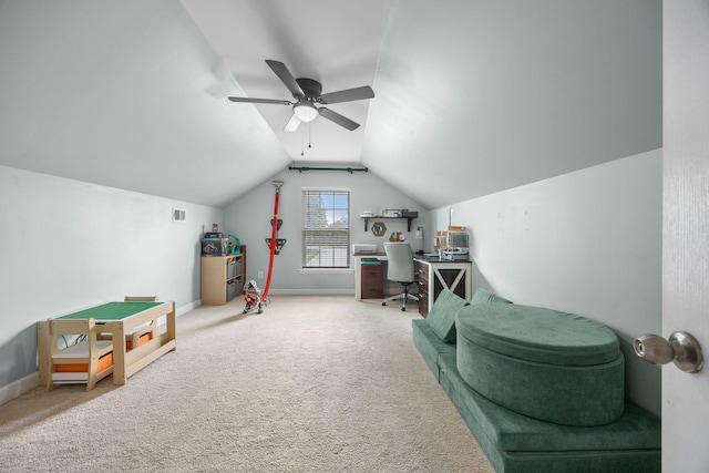 201 Maywood Dr, Moncks Corner, SC 29461 - recreation room with lofted ceiling, a ceiling fan, carpet flooring, and a desk
