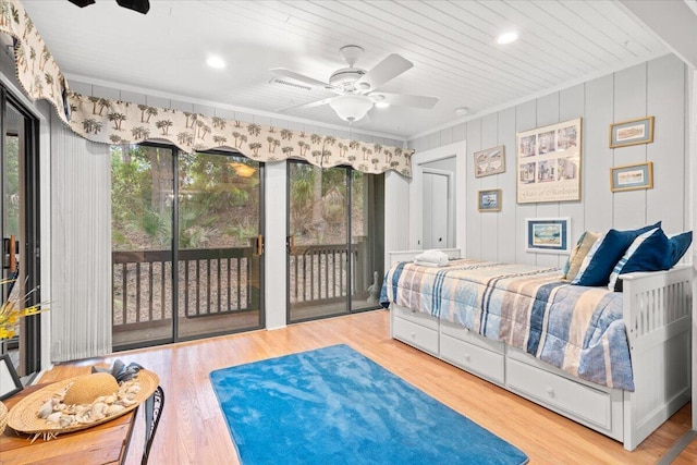1025 Scaup Ct, Kiawah Island, SC 29455 - bedroom with access to exterior, crown molding, wood ceiling, wood finished floors, and ceiling fan