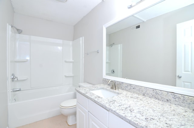 full bathroom with vanity, toilet, tile patterned floors, and bathing tub / shower combination