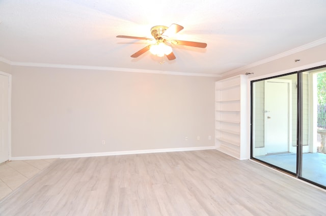 spare room with light hardwood / wood-style flooring, ceiling fan, and ornamental molding