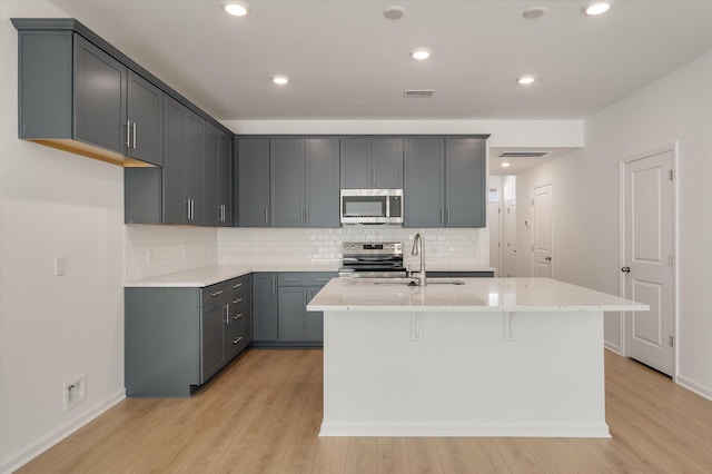 kitchen featuring a center island with sink, stainless steel appliances, visible vents, gray cabinetry, and a sink