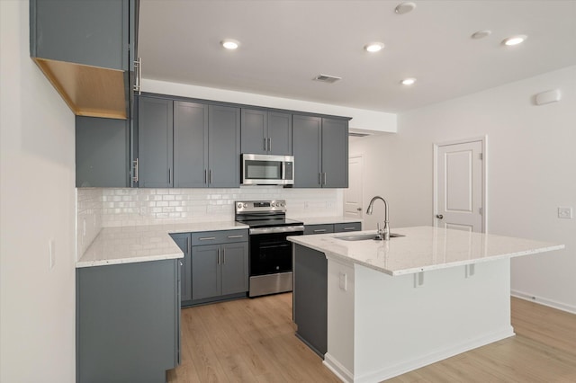 kitchen with visible vents, gray cabinetry, appliances with stainless steel finishes, a kitchen island with sink, and a sink