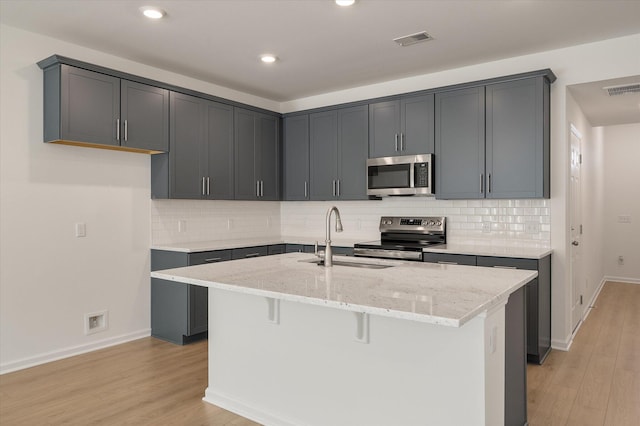 kitchen featuring an island with sink, visible vents, appliances with stainless steel finishes, and light stone counters